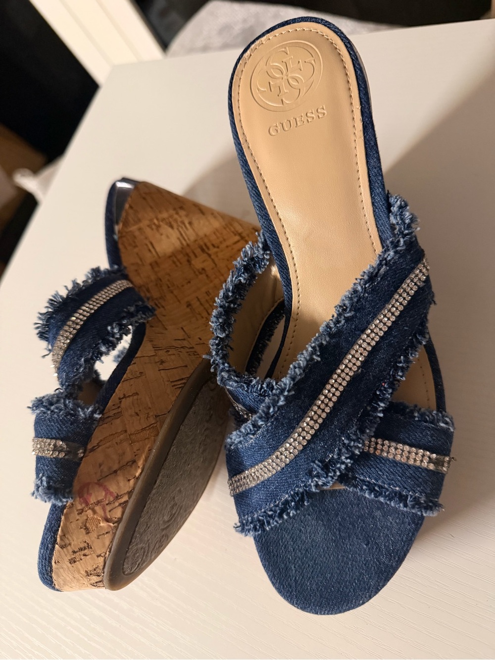 G by Guess Navy Denim Wedge Sandals with Rhinestone Straps